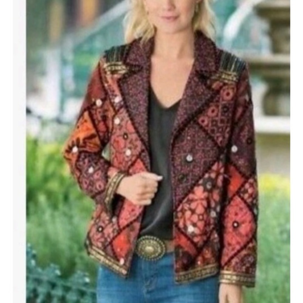 Soft Surroundings Art to Wear Funky Patchwork Embellished Blazer Jacket XL Coins